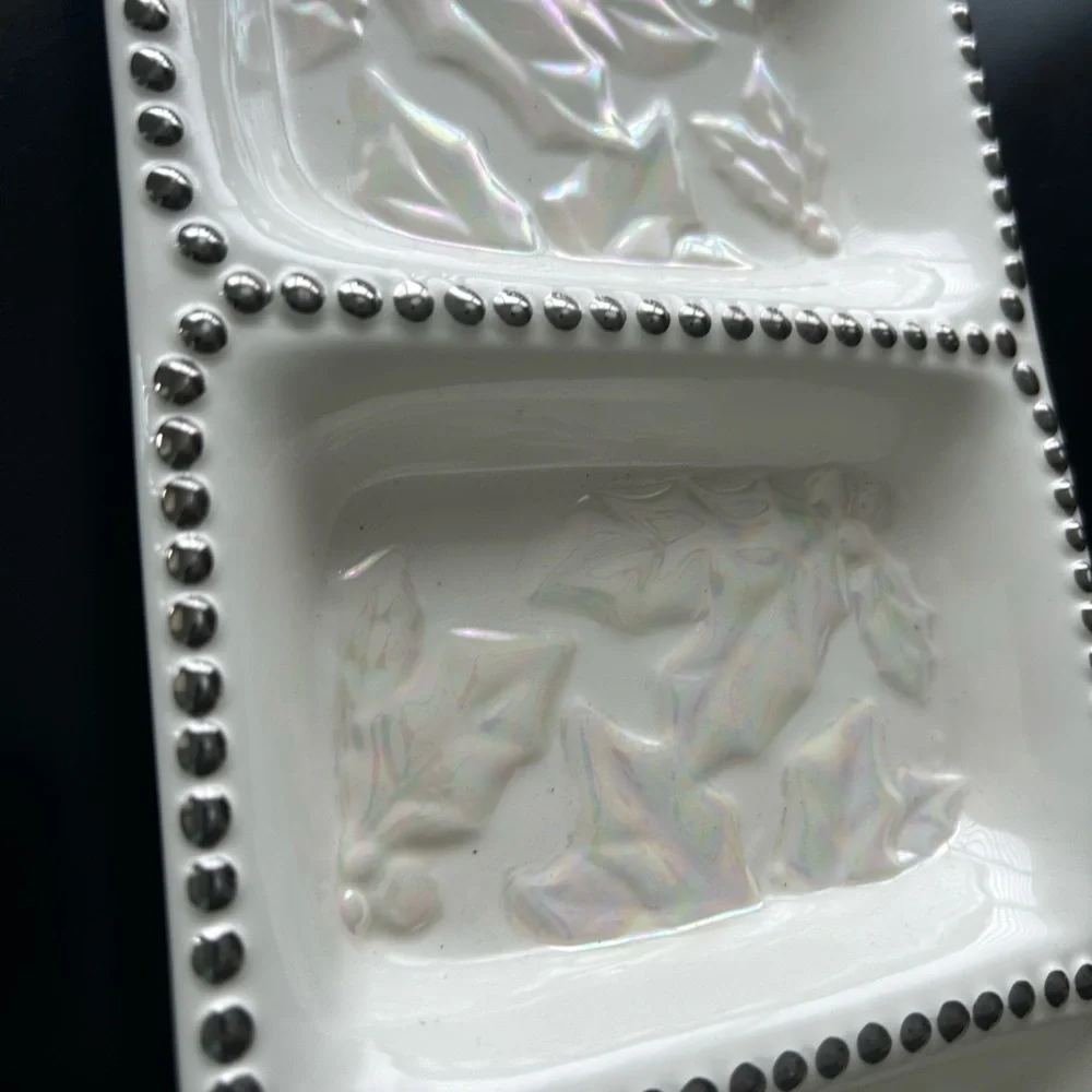Ganz Bella Casa Hand Painted Pastel Holly Holiday 3 Section serving ceramic tray